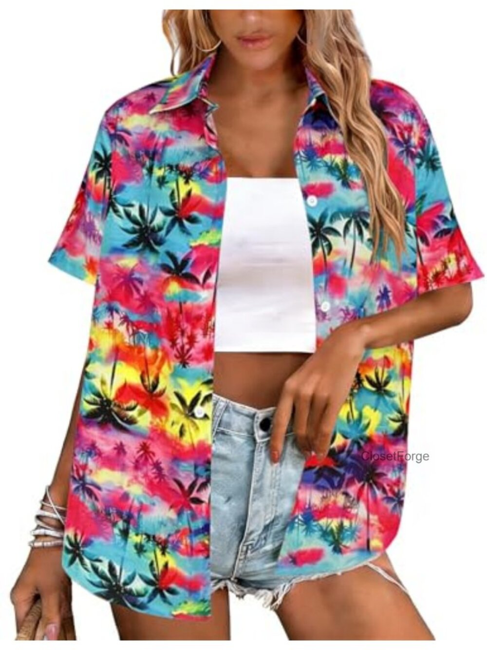Women's Hawaiian Button Down Shirt Short Sleeve Tropical Party Top